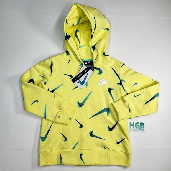 Nike Sweatshirt Girl's Swoosh Sportswear 3D Print Hooded Yellow Blue DC3429-712 - Picture 2 of 9